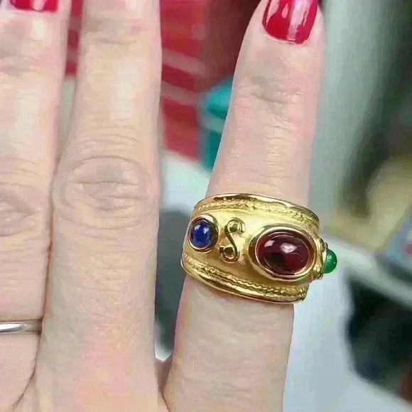 Gold plated ring  with blue red green glass stones size 6 - Picture 9 of 17